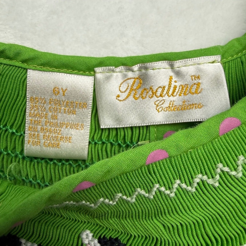 Rosalina Collection Kids Green Pink Polka Dot Smocked Cow Dress 6Y Easter Church - Picture 5 of 6